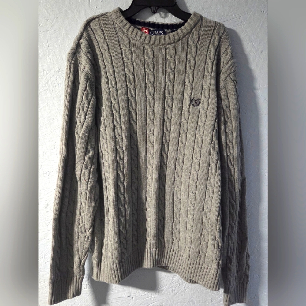 Vintage Y2K Chaps Men's Gray Cable Knit Crew Neck Sweater - L